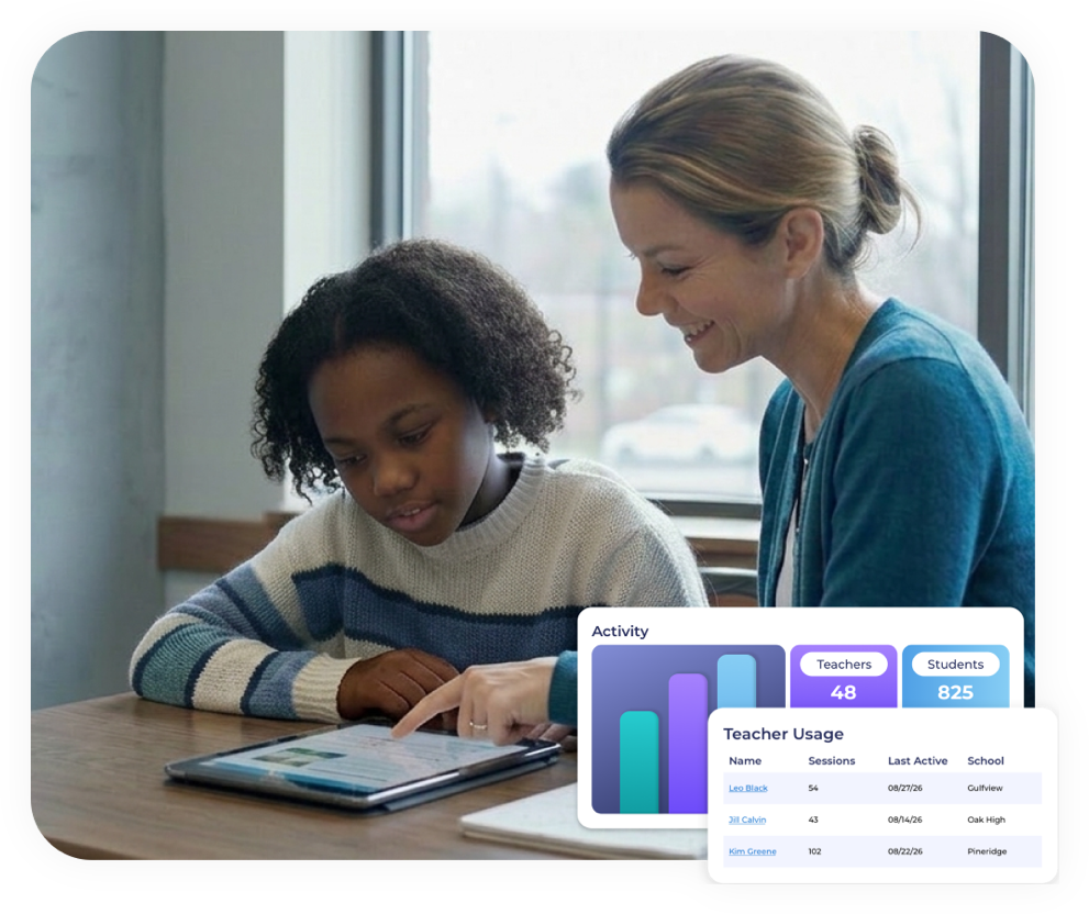 Teacher showing student how to use Finding Focus on a tablet